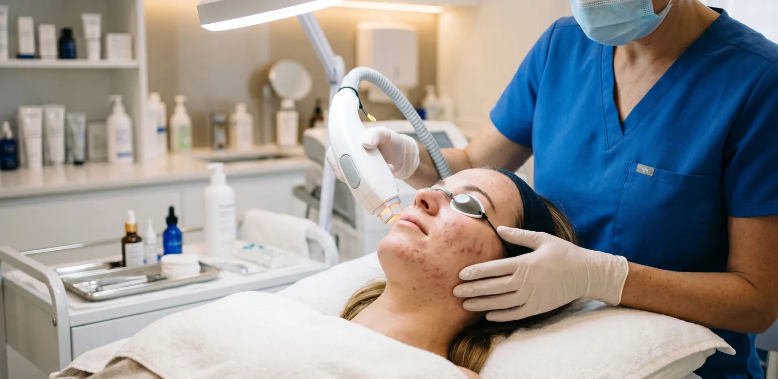 Laser- und Lichttherapie bei Akne in Rostock, Behandlung einer Patientin mit IPL beim Hautarzt
